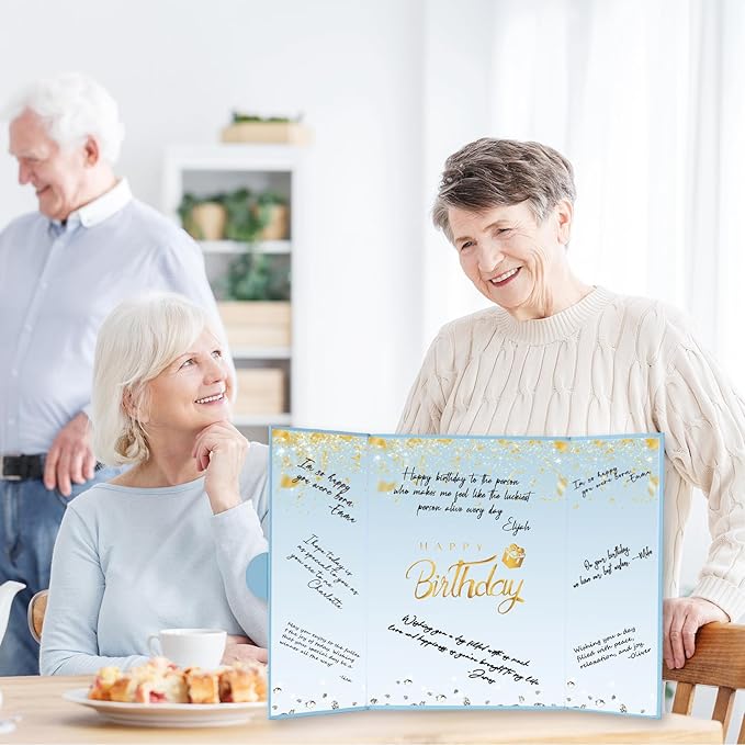 Crenics Birthday Decorations for Women or Men, Dusty Blue and Gold Birthday Guest Sign in Book Alternative, Happy Birthday Signature Book 18" x 12", Awesome Birthday Gifts for Girls Boys