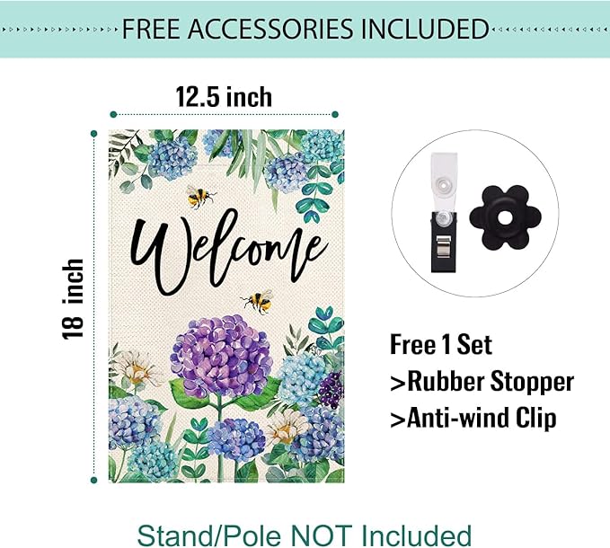 Baccessor Summer Spring Hydrangea Garden Flag Double Sided 12x18 Inch, Summer Purple Blue Flower Floral Welcome Small Yard Flag Burlap Vertical Seasonal Farmhouse Yard Outdoor Decoration