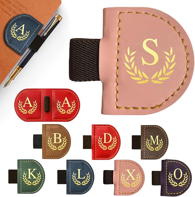 Personalized Leather Magnetic Bookmark with Pen Holder, Custom Bygone Mark Bookmark with Pen Holder, Custom Bookmarks with 26 Letters for Reading Women, Men, Teachers, Book Lovers（Pink，S）