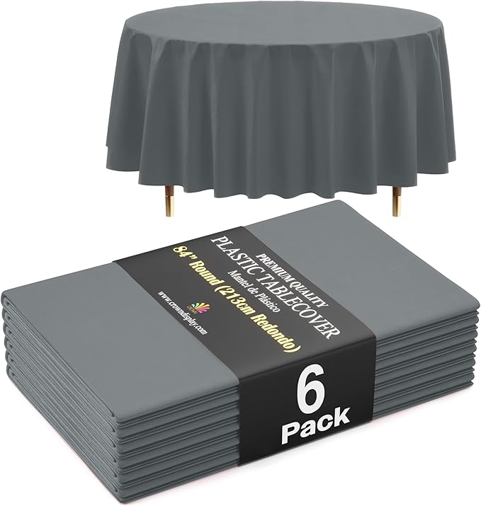 Exquisite 66% Thicker Premium Silver Round Tablecloth 0.5 Mil 6 Pack Plastic Table Cloth Disposable 84 Inch Round Plastic Tablecloth Won't Tear Easily Like Cheap Thin Brands