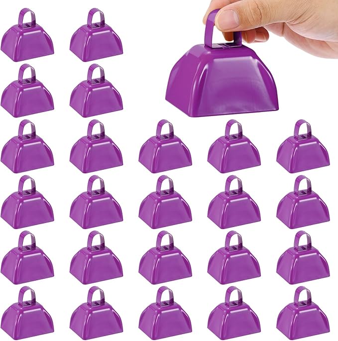 PATIKIL 24pcs Cow Bells for Football Games,3in Cowbells for Sporting Events Bulk Loud Noise Makers Metal Cow Bell with Handle for Cheering Competition Marathon Wedding, Blue Purple