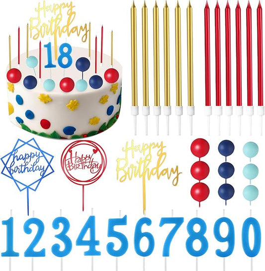 Yerliker 34 Pcs Happy Birthday Cake Toppers Decorations Birthday Candles DIY Cake Decor for Men Women Wedding Anniversary (Blue Red)
