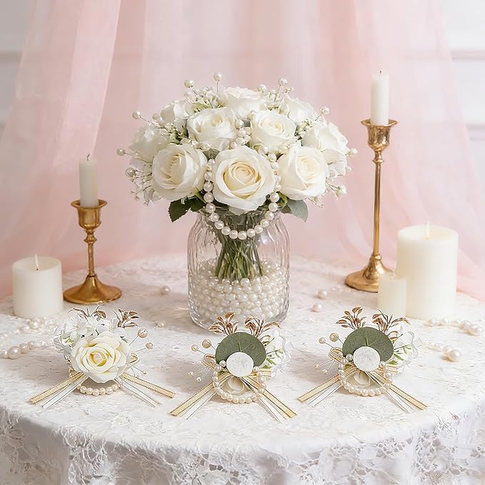 6 Pcs Rose Wrist Corsage, Champagne Artificial Flower Wristlet for Bride Exquisite Ceremony Accessories for Party, Wedding, Anniversary
