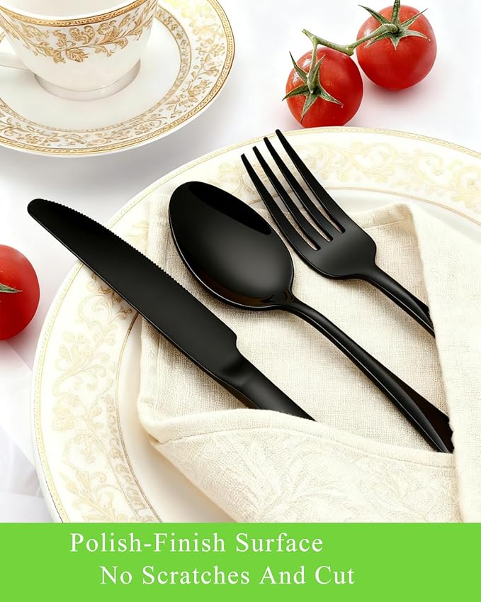 Black Spoons,Set of 16 Top Food Grade Stainless Steel Spoons Silverware, 6.7 Inches, Mirror Finish & Dishwasher Safe, New Apartment Essentials Flatware