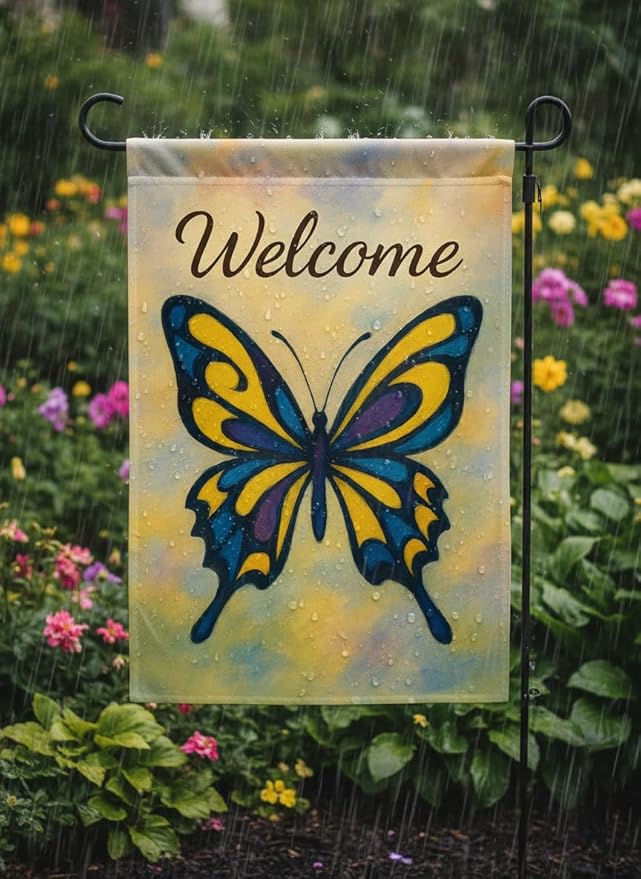 FLAGMEUP8386 Welcome Butterfly Garden Flag 12x18 Inch Double-Sided Polyester Yard Banner with Swallowtail Artistic Blue & Yellow Design, Outdoor Décor for Fall Gardens Seasonal Greetings
