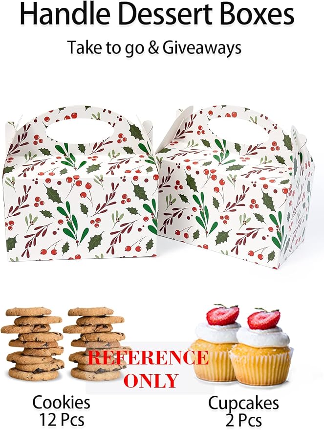 Happyhiram Winter Floral Gable Candy Paper Boxes, 12 Pcs Christmas Red Holly Berry Party Treat Boxes with Handle Small Gift Holiday Boxes Kids Party Favor Cookie Bags