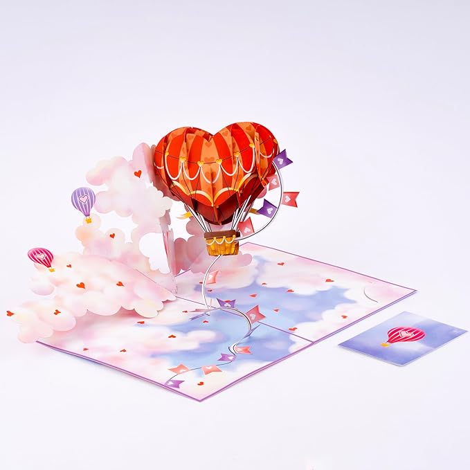 Heart Hot Air Balloon Pop Up Card, Cloud, Love 3D Popup Greeting Cards, Gifts For Valentines, Birthday, Mothers Day, Anniversary, Thinking Of You, 5x7 - Includes Envelope And Message Note