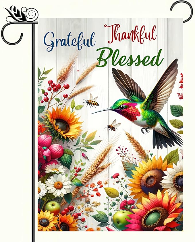BlissYard Grateful Thankful Blessed Garden Flag 12x18 Inch Double Sided Yard Flag with Hummingbird and Sunflower Design for Spring Summer Outdoor Farmhouse Lawn Porch Decoration