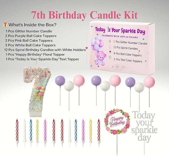 by Tugba Aydan -7 Number Birthday Candles – 24 Piece Cake Decoration Kit with Number Candle – Party Supplies for Kids Seventh Birthday Celebration