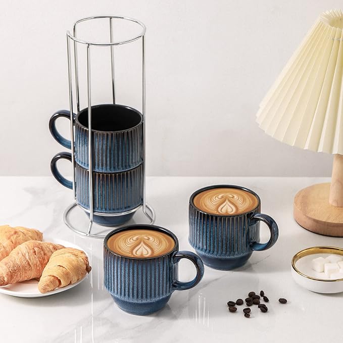Hasense Navy Coffee Mugs Porcelain Set of 4 with Rack - 12 oz Stackable Coffee Cups Ceramic, Modern Ribbed Latte Cup Sets for Cappuccino, Tea, Espresso, Hot Cocoa, Drinks - Dishwasher & Microwave Safe