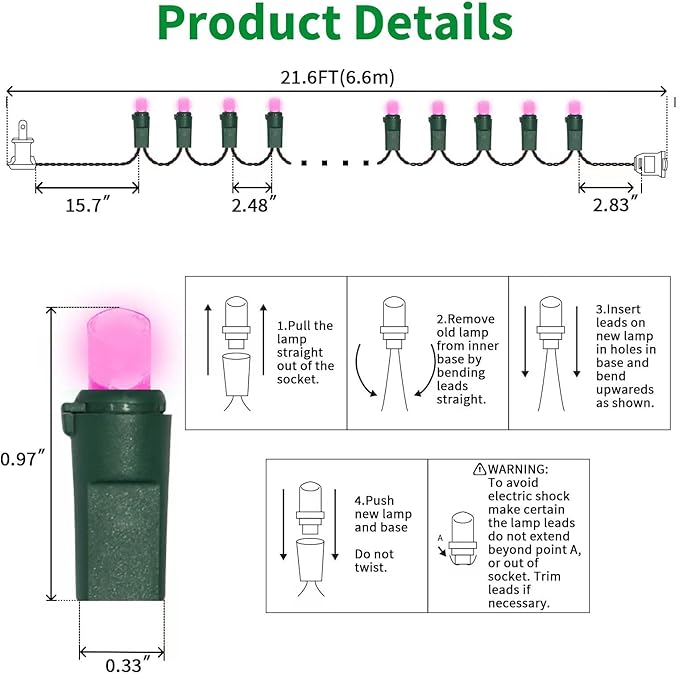 LAMPHOME 100 Count Pink Valentine Light String - 21.6FT LED String Lights, Mini LED Lights for Indoor/Outdoor Valentines Day Home Holiday Party Wedding Independence Day Decoration