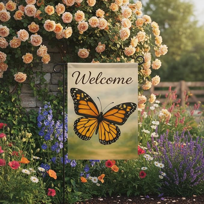 FLAGMEUP8386 Welcome Monarch Butterfly Garden Flag 12x18 Inch Double-Sided Polyester Yard Banner with Bright Wings, Outdoor Decorative Flag for Garden, Patio, Porch, Families, Seasonal Celebrations