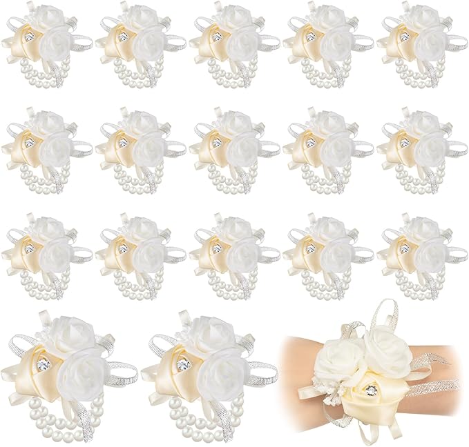 Zeyune 18 Pcs Wrist Corsages for Prom Wedding Artificial Rose Wristlet Corsage Hand Flower for Mother of Bride and Groom, Bridal, Bridesmaid Wedding Supplies(White)