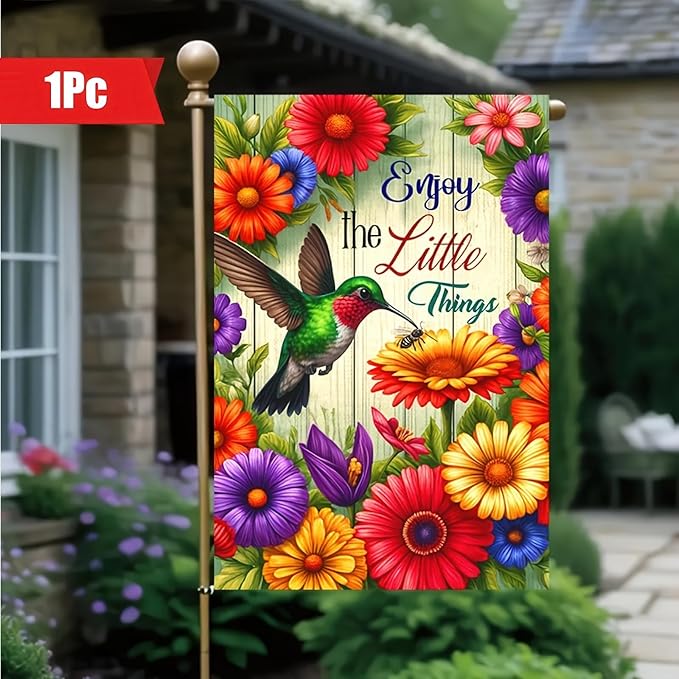 HOMETITUTE Inspirational Spring Garden Flag for Outside 12x18 Double Sided Hummingbird Floral Yard Decoration Outdoor Lawn Farmhouse Welcome Decor – Enjoy the Little Things