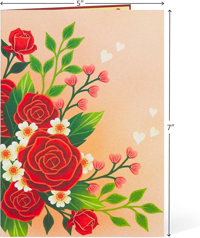 Floral Valentines Day Pop Up Card, For Love, All Occasion, Just Because, Gift for Her, Girlfriend, Women, Wife, Grandma, Crush, 5x7 - Includes Envelope And Message Note