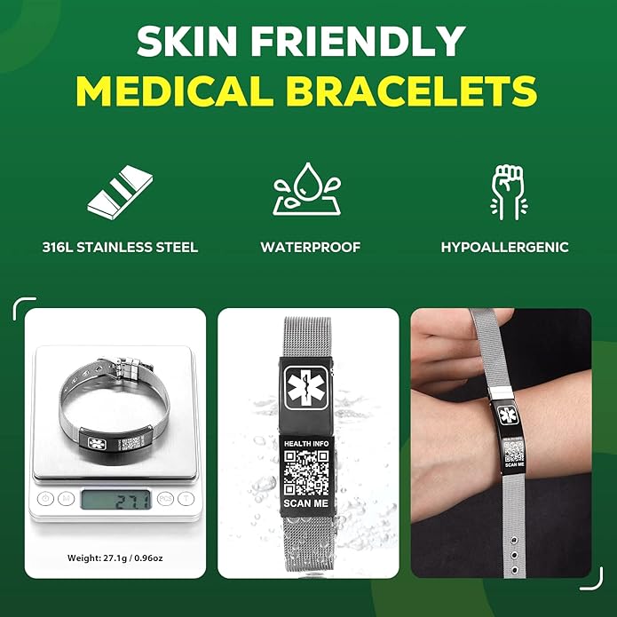 Upgraded Medical Bracelets Men Women with QR Code Medical Alert ID Bracelets - Titanium Steel Wristband Fits Wrists Up 8''-10'' - More Space Custom Emergency Med ID Info