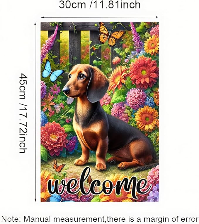 BlissYard Welcome Garden Flag Spring Summer Garden Flag 12x18 Inch Double Sided Dachshund Dog Flags Floral Butterfly Yard Lawn Porch Outdoor Decorative Banner