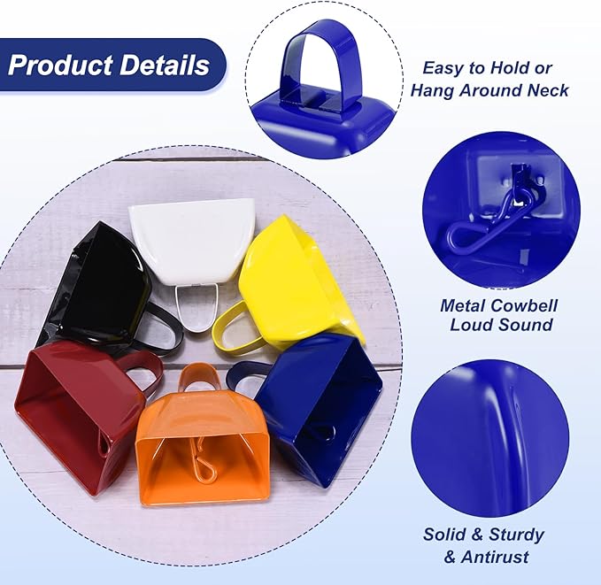 PATIKIL 3inch Cow Bells for Football Games, 24pcs Cowbells for Sporting Events Bulk Loud Noise Makers Metal Cow Bell with Handle for Cheering Competition Marathon Wedding DIY Paint, Blue