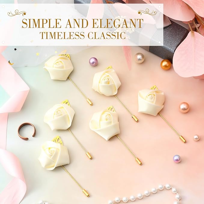 Zeyune 24 Pcs Boutonniere Rose Boutonniere Wedding Buttonholes Pocket for Men Wedding for Prom Party(Cream)