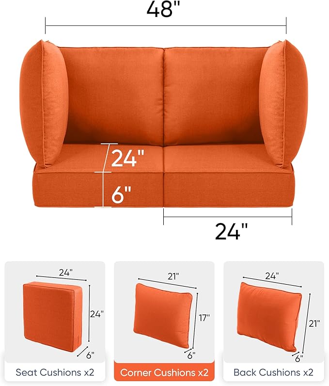 Luxury 24x24x6 Patio Cushions for Outdoor Furniture Set of 2 - Water-Repellent 6-Piece Cushion Set for Outside Wicker Couch Loveseat Chair Sectional Patio Conversation Sets - Orange/Classic