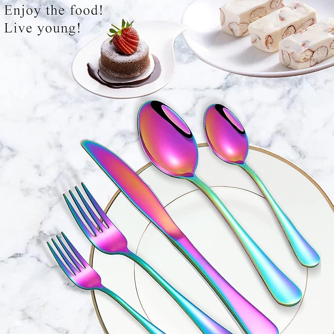 Rainbow Spoons,Set of 16 Top Food Grade Stainless Steel Spoons Silverware, Big Tea Spoons,6.7 Inches,Mirror Finish & Dishwasher Safe,New Apartment Essentials Flatware