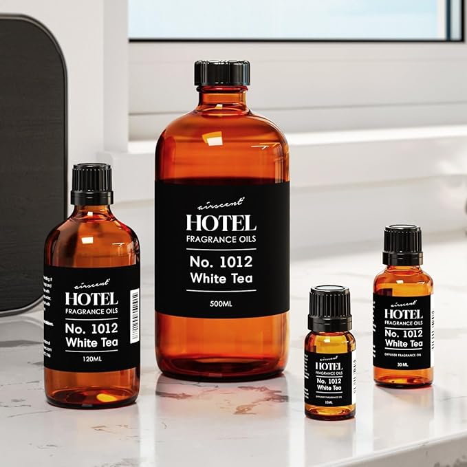 AirScent Hotel Diffuser Oil No. 1012 Inspired by The White Tea Hotel Scent - Premium Fragrance Oil for Ultrasonic and Waterless Diffusers and Crafting - 10 mL, 0.34 fl oz Glass Dropper Bottle
