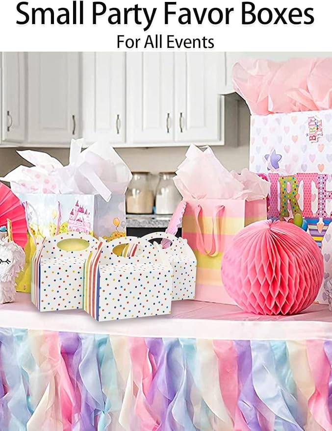 Happyhiram 50 Pcs Rainbow Party Favor Boxes for Kids Birthday Box, Polka Dot and Striped Colorful Birthday Goodie Treat Boxes with Handles 6" Gable Boxes Colorful Candy Boxes Paper Gift Boxes