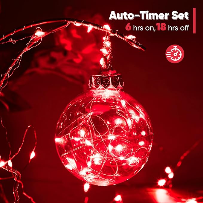 Ariceleo 2 Pack 65.6 Ft. Battery Operated Outdoor String Lights with Remote & Timer, LED Red Fairy Lights, Waterproof Twinkle Lights for Bedroom, Dorm, Mason Jar, Wedding, Party, Christmas