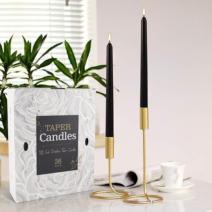 36-Pack 10-Inch Black Taper Candles - Drip-Free Unscented, Long Burning for Dinner Parties, Halloween, Home Decor, Spells & Rituals, Meditation, Prayer (25.4 cm)