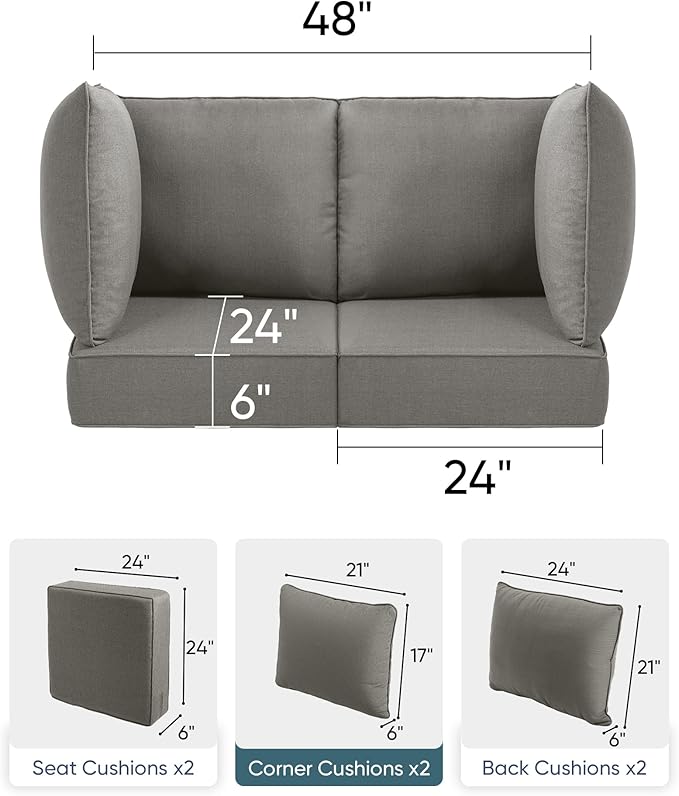 Luxury 24x24x6 Patio Cushions for Outdoor Furniture Set of 2 - Water-Repellent 6-Piece Cushion Set for Outside Wicker Couch Loveseat Chair Sectional Patio Conversation Sets - Grey/Classic