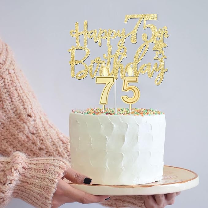 75th Birthday Decorations - Women's Sash & Tiara, Cake Toppers, Number 75 Candles, Gold Balloons, Party Gifts