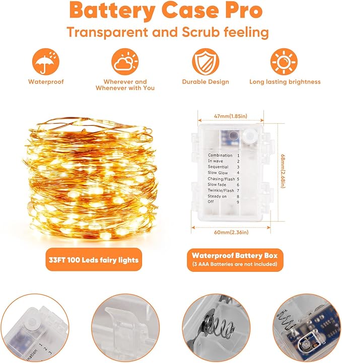 Ariceleo 1 Pack 32.8 Ft. Battery Operated Outdoor String Lights with Remote & Timer, LED Warm White Fairy Lights, Waterproof Twinkle Lights for Bedroom, Dorm, Mason Jar, Wedding, Party, Christmas
