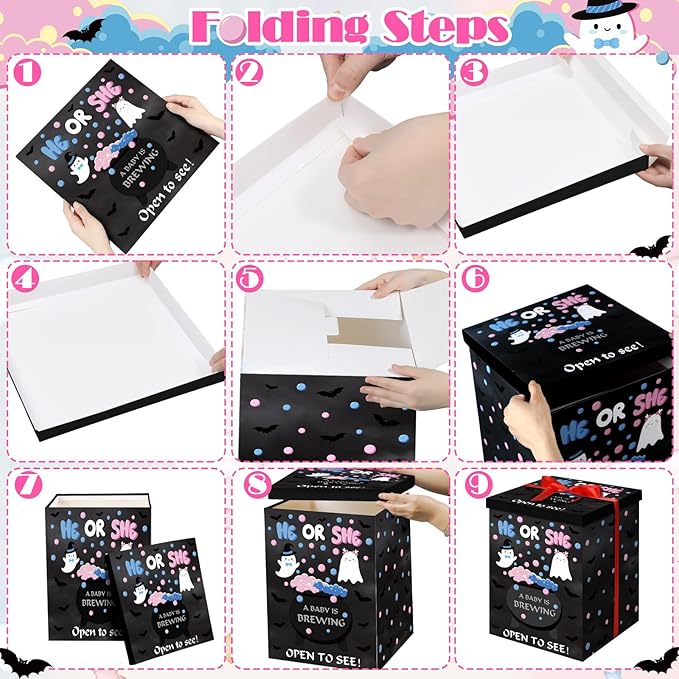 Hungdao Gender Reveal Balloon Box with Ribbon and 10 Pink and Blue Balloons Gender Reveal Games He or She Open to See for Party Decoration 12 x12 x16 (Ghost)
