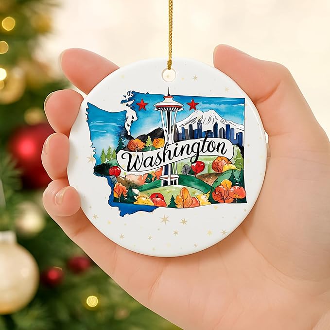 USA State Landmark Ceramic Ornament – Round Glossy Christmas Decoration Featuring U.S. State Art, Landmarks & Holiday Scenery – Collectible Travel Souvenir Ornament Series (Washington)