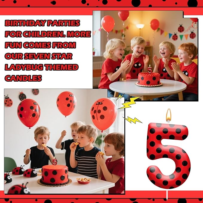 Ladybug Theme Birthday Candles - Red & Black Polka Dot Decorative Candles for Kids Ladybug Themed Parties, Baby Showers, Birthday Cakes, and Ladybird Inspired Celebrations(Number 5)