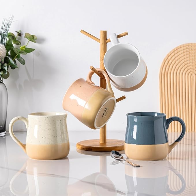 GBhome Ceramic Coffee Mugs Set of 2, 24oz Handmade Large Coffee Mugs Set with Terracotta Underside for Latte/Tea/Beer/Hot Cocoa/Cappuccino/Soup Dishwasher & Microwave Safe-light Beige &White