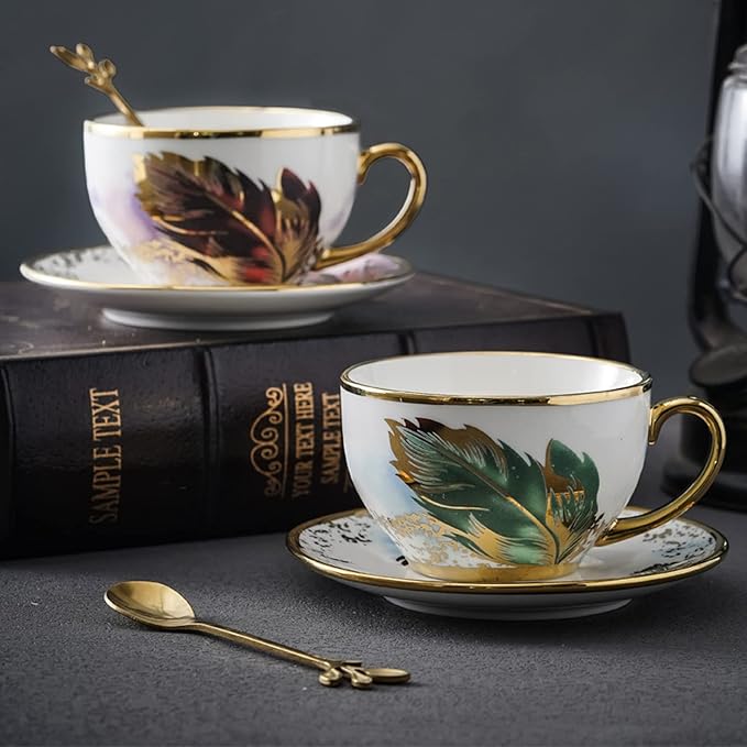 Golden Handle Ceramic Tea Cups, Vintage Feather Pattern Espresso Coffee Mug Set with Saucer & Spoon, 7.74 Oz, Style 2