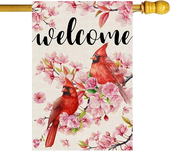 ZAEW Welcome Watercolor Cardinals Birds Cherry Blossom Flowers Spring House Flag Burlap 28X40 Inch Vertical Double Sided Outside Yard Holiday Outdoor Farmhouse Decoration