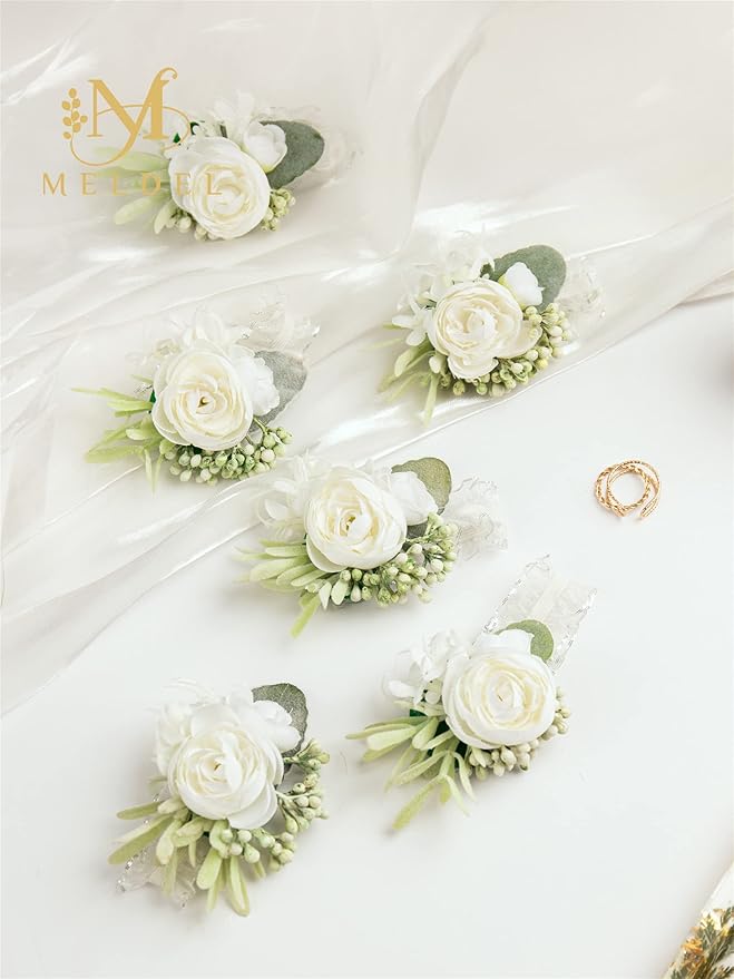 Meldel Rose Wrist Corsage Wristlet Band for Girls Women Bride Bridesmaid, Set of 6, White Hand Flower Wedding Artificial Flowers Accessories for Prom Party