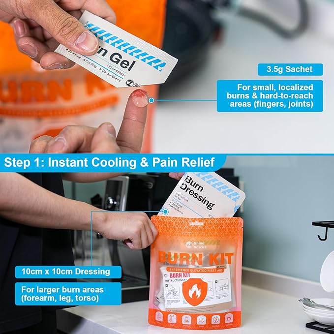 RHINO RESCUE Burn Kit, 4pcs Burn Dressings 4x4”, 8pcs Burn Gel Packets 3.5g, 4pcs Burn Pads, First Aid Kit Cooling Soothing Cream Relief with Bandage, Nitrile Gloves, Scissors, Tape