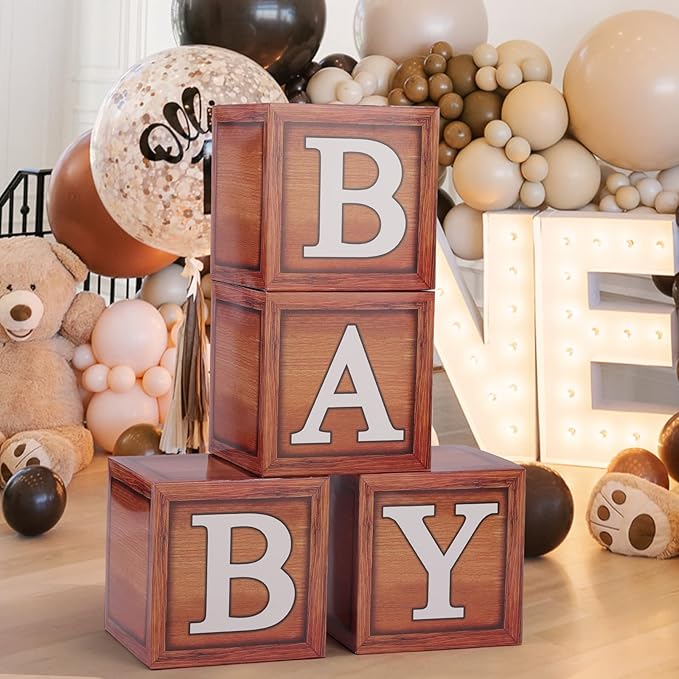 Baby Shower Decorations - Boxes with Letters for Gender Reveal (Wood) - 4 Balloon Boxes Included