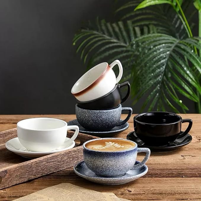 Ceramic Latte Mug, 10.82oz Barista Cup with Saucer, 7mm Thickened Rim Ceramic Cappuccino Cup, Vintage Latte Art Mug for Home & Café (Mocha)