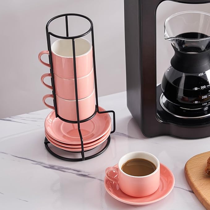 4oz Porcelain Stackable Espresso Cups with Saucers and Metal Stand Set of 4, Stackable Espresso Cups Set of 4, Pink Expresso Shots Cup Set for Coffee Drinks, Cappuccino Latte, Americano, Tea