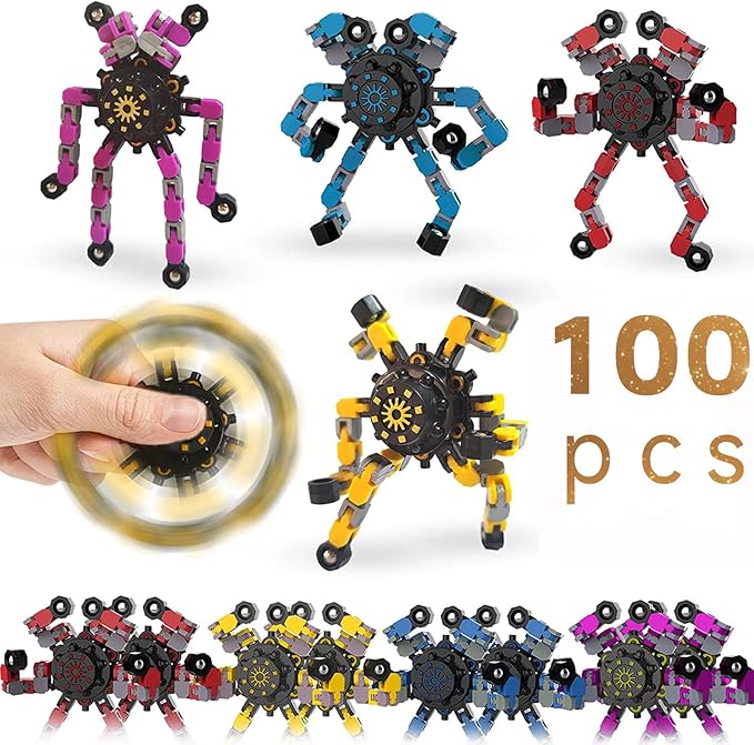 100pcs Random Fidget Spinners,DIY Deformable Robot Fingertip Toys,Decompression Spinner,Deformable Creative Mechanical Gyro Toys,Stress Relief Mechanical Chain Toy for Kids Adults，Party Supplies