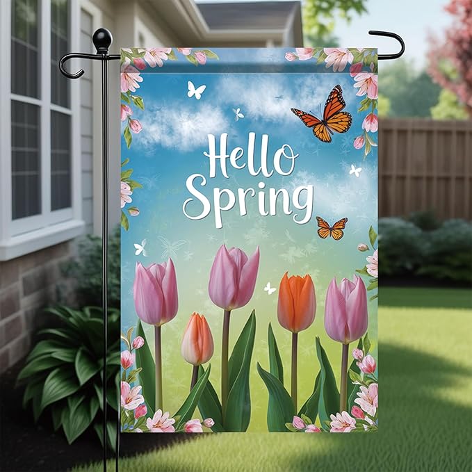 Starlit Patio Welcome Spring Garden Flag 12x18 Double Sided Small Butterflies Tulip Floral Flower Garden Flag House Outside Spring Summer Decoration Seasonal Flower Yard Outdoor Flag