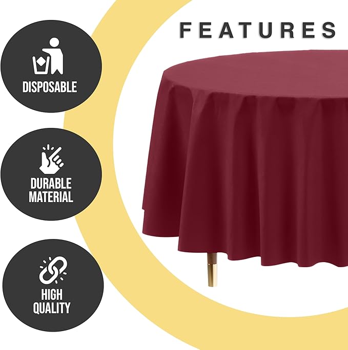 Exquisite 66% Thicker Premium Burgundy Round Tablecloth 0.5 Mil 12 Pack Plastic Table Cloth Disposable 84 Inch Round Plastic Tablecloth Won't Tear Easily Like Cheap Thin Brands