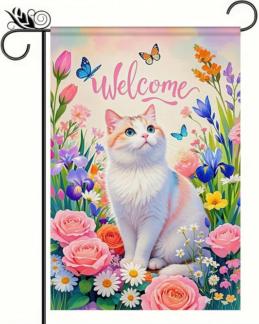 BlissYard Spring Garden Flag Spring Yard Flag Elegant Cat with Flowers and Butterflies Backdrop Design Double-Sided 12x18 Inches Welcome Yard Flag for Seasonal Outdoor Decor