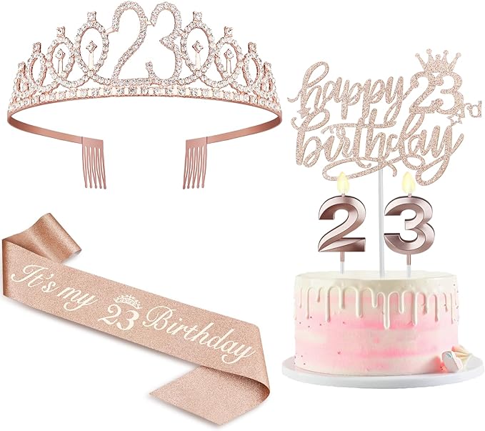 23 Birthday Decorations for Women Including Sash and Tiara, Cake Topper and Candles, 23rd Birthday Gifts for Women, Rose Gold Party Decor Supplies