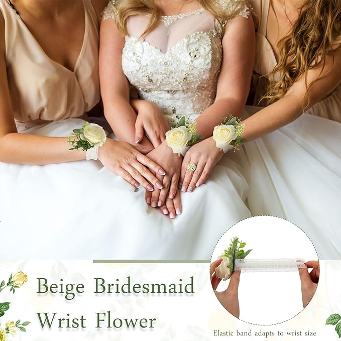 Jexine 12 Pcs Rose Wrist Corsage Bracelets Wedding Bridal Wrist Artificial Flower Wristband Flower Hand Decor for Bride Bridesmaid Homecoming Prom Party Decor(White Elegant)