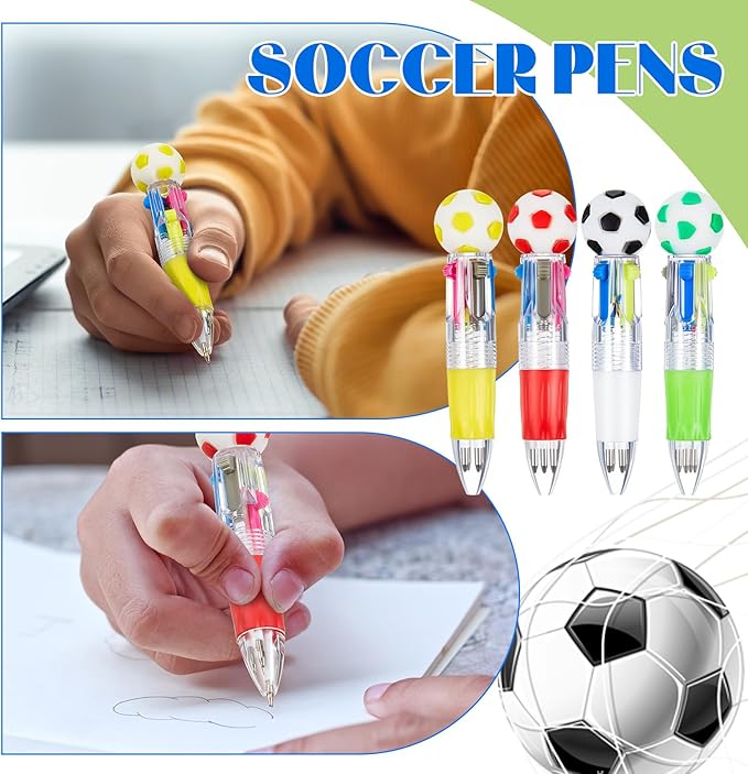 Kosiz 24 Pack Soccer Party Favors Sport Pen Multicolor 4 in 1 0.5mm Ballpoint Pen for Office Sport Lover Novelty Valentine's Day Gifts Goodie Bags Stuffers